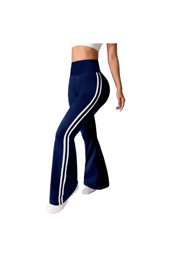 Flared Leggings for Women Side Striped Stretchy Yoga Pants Pull On Bell Bottoms High Waisted Compression Leggings Navy S
