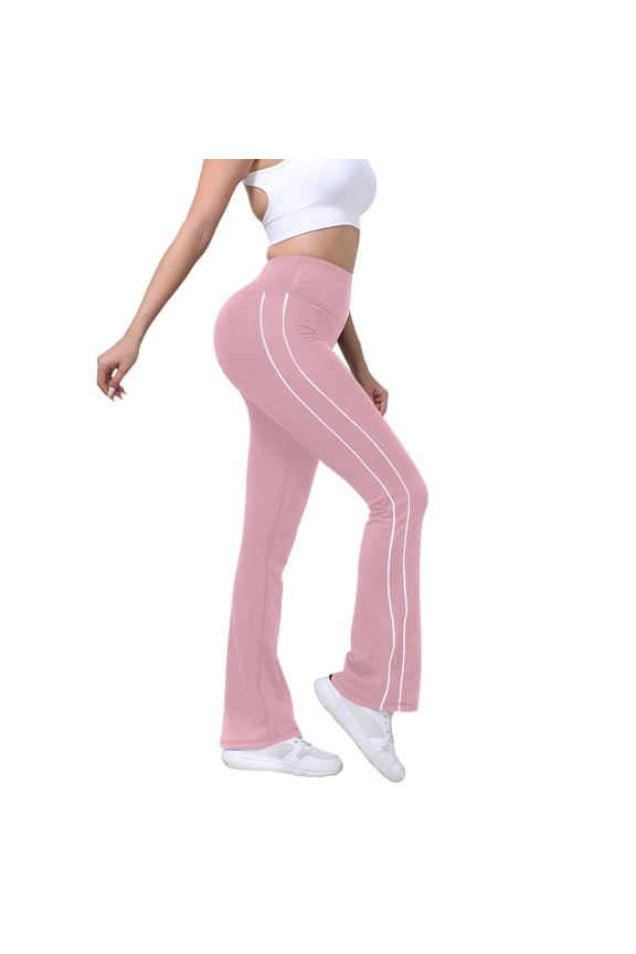 Flared Leggings for Women Side Striped Stretchy Yoga Pants Pull On Bell Bottoms High Waisted Compression Leggings Pink S
