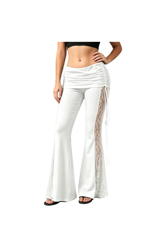 Flared Pants for Women Fold Over Bell Bottoms Leggings Rave Pants with Lace (White S)