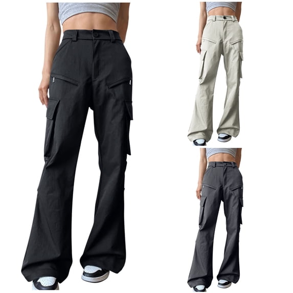 Flared Pants for Women with Zipper Pockets Wide Leg Loose Fit Casual Long Trousers Straight Leg Lounge Pants Work Office Style | CSEONE,Black XL