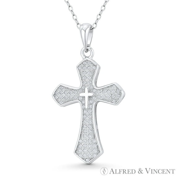 Flared Passion Cross Cubic Zirconia CZ Crystal Pave 36x20mm (1.4x0.8in) Christian Pendant & Chain Necklace in .925 Sterling Silver w/ Rhodium