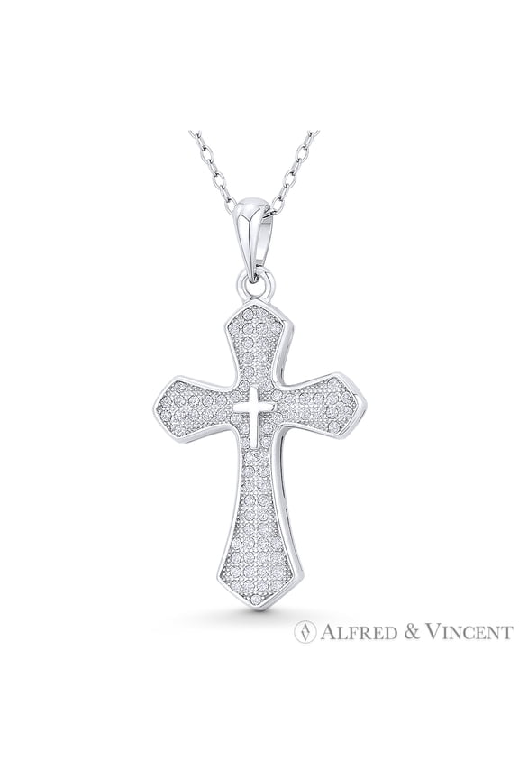 Flared Passion Cross Cubic Zirconia CZ Crystal Pave 36x20mm (1.4x0.8in) Christian Pendant in .925 Sterling Silver w/ Rhodium