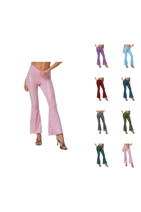 Flared Sequined Scale Design Pants for Women – Slim Fit, Stretchy Elastic Waistband, High Waisted Bell Bottom Trousers, Sparkly Glitter Disco Party Clubwear, Comfortable Casual Daily Wear