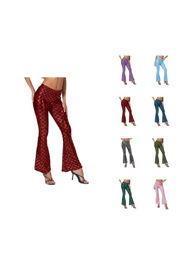 Flared Sequined Scale Design Pants for Women – Slim Fit, Stretchy Elastic Waistband, High Waisted Bell Bottom Trousers, Sparkly Glitter Disco Party Clubwear, Comfortable Casual Daily Wear