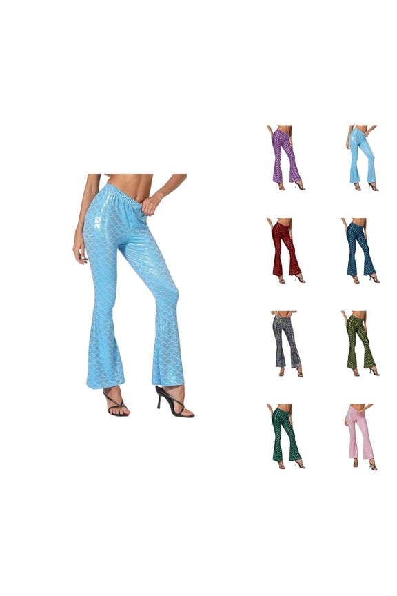 Flared Sequined Scale Design Pants for Women – Slim Fit, Stretchy Elastic Waistband, High Waisted Bell Bottom Trousers, Sparkly Glitter Disco Party Clubwear, Comfortable Casual Daily Wear