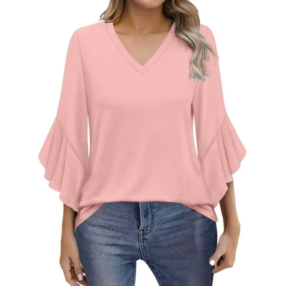Flared Sleeve Blouse - Women's 3/4 Length V-Neck Casual Top, Feminine Ruffle Detail Shirt | Yubnlvae (Pink | XXL)