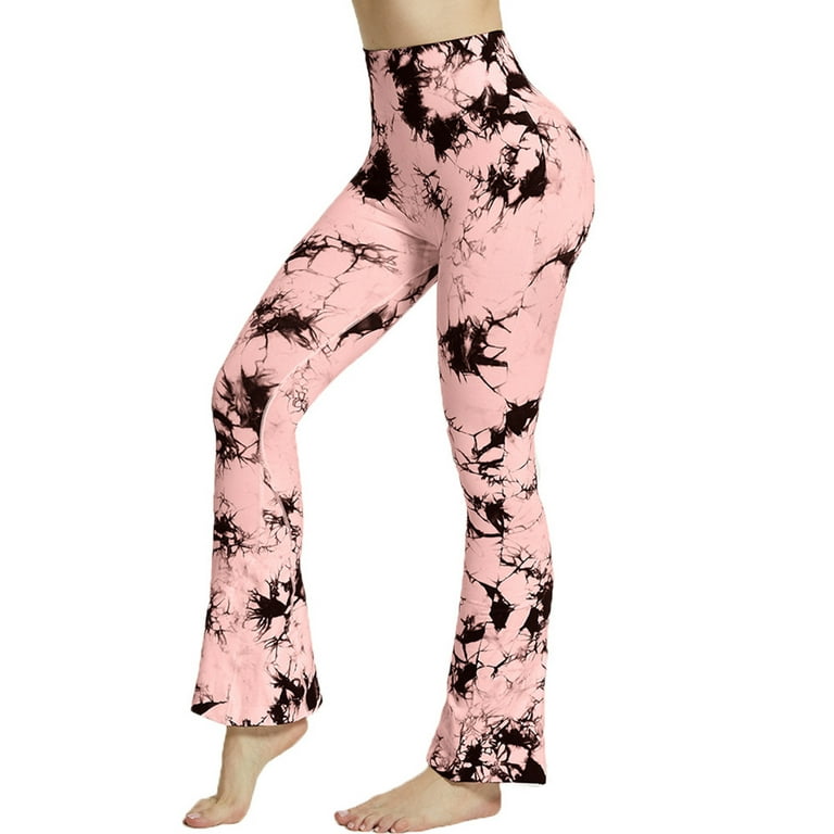 Flared Yoga Leggings for Women High Waisted Tie-dye Print Butt Lifting  Stretch Sports Workout Bodybuilding Pants (Large, Pink)