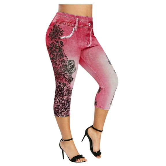 Flaredbottoms Jeans for Women Plus Size Leggings for Women Denim Printed Leggings Stretch Yoga Pants Soft Capris Leggins Workout Leggings Women's Plus Size Active Stretch Capris S