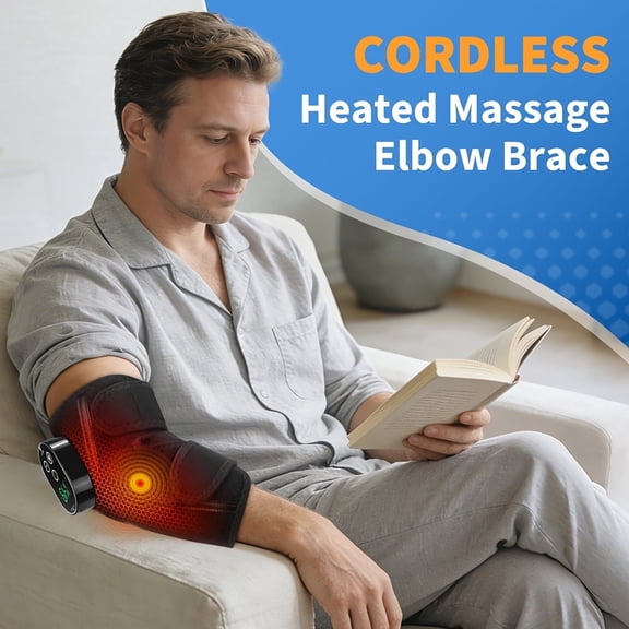 Flaremore Cordless Heated Elbow Brace Massage Elbow Massager with Heat and Vibration, Electric Heating Elbow Brace with 5 Heat Levels, Adjustable Elbow Heating Pad Wrap for Gym, Tennis & Office