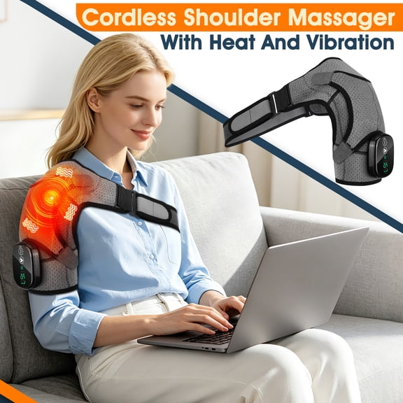 FlareMore Heated Shoulder Brace Wrap,Electric Shoulder Heating Pad Massager ,Rechargeable Cordless Shoulder Massager with 3 Adjustable Vibrations for Men Women, Heated Shoulder Massage for Relax