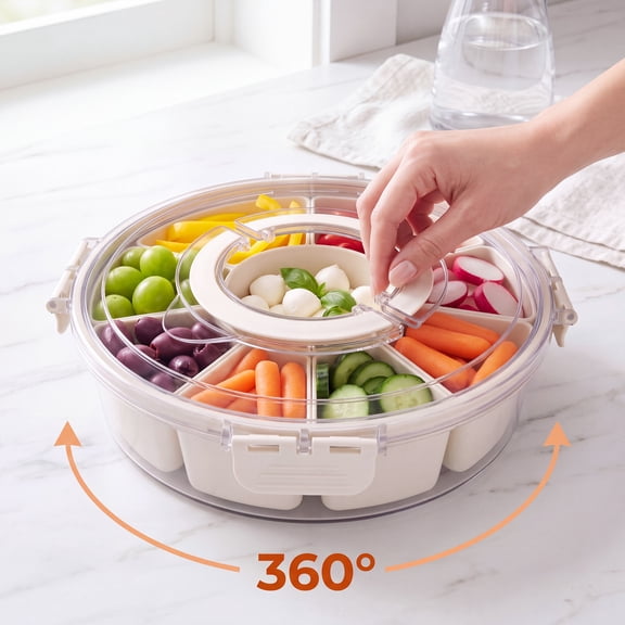 Flarhetoric 2-Pack Rotating Snack Containers with Clear Lid – 6-Compartment Divided Serving Tray for Nuts, Candy, Fruit & Party Storage, White, 10.5" x 10.5" x 3.15"