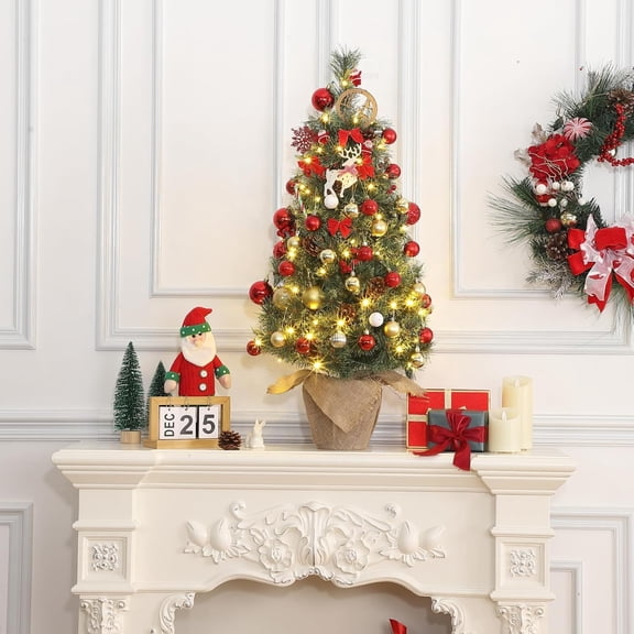 Flarhetoric 3FT Pre-Lit Snow Flocked Artificial Christmas Tree, 78 Warm White LEDs, Flocked Frost Blossom Tips, Red Berries, Pine Cones, Burlap Sack Base, Tabletop Xmas Tree for Indoor Holiday Decor