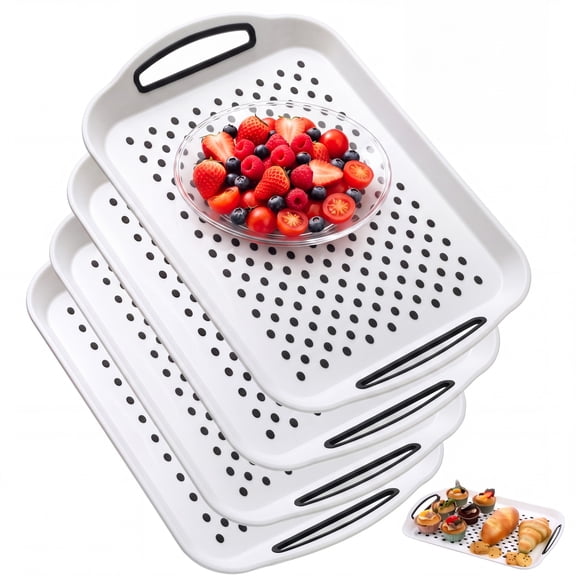 Flarhetoric 4-Piece Non-Slip Serving Tray Set – Elegant Rectangular Plastic Food Trays for Kitchen, Dining & Entertaining – 15.7"L x 11.2"W x 2.1"H, White