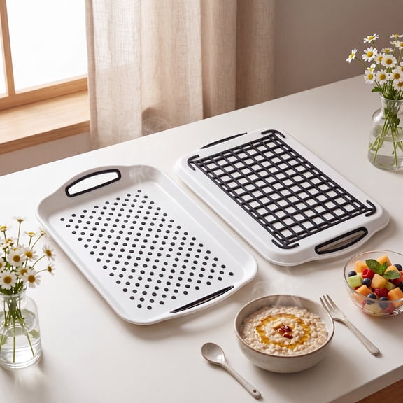 Flarhetoric 4-Piece Non-Slip Serving Tray Set – Rectangular Plastic Food Trays with Handles for Restaurant & Home Use – 15.7"L x 11.2"W x 2.1"H, Black and White