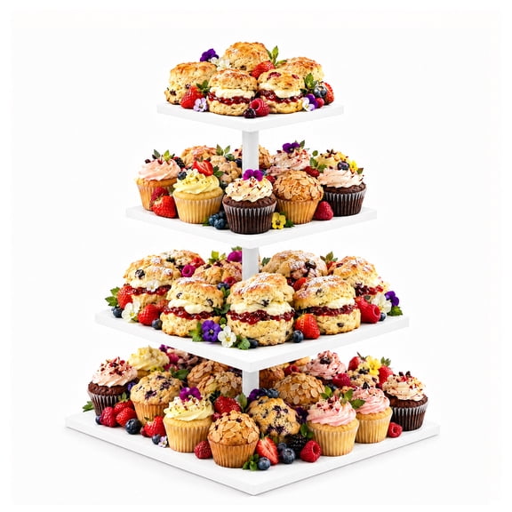 Flarhetoric 4-Tier Wooden Cupcake Tower Stand with Metal Frame – Square Tiered Dessert Display for Weddings, Parties & Birthdays – White – 12"L x 12"W x 15.7"H – Pack of 1