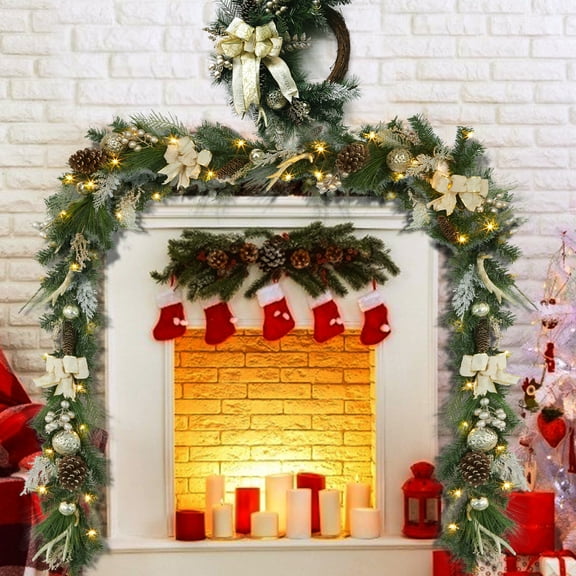 Flarhetoric 6ft Pre-Lit Christmas Garland with 20 Warm White LEDs, Faux Antlers, Bow, Ornaments, Berries & Pine Cones – Battery Operated, 8 Modes for Indoor/Outdoor Mantle, Staircase, Door – Gold Chr