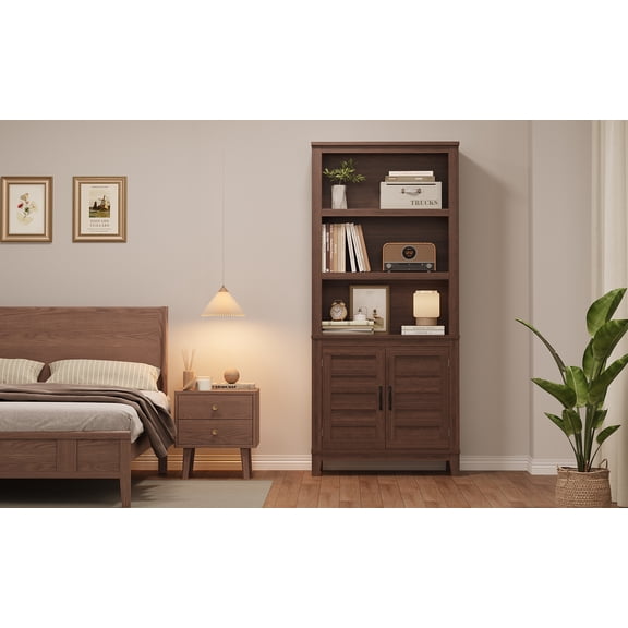 Flarhetoric 71 Inch Tall 5-Tier Farmhouse Bookcase with Doors, Adjustable Shelves, Rustic Wooden Storage Bookshelf for Living Room, Office, Brown