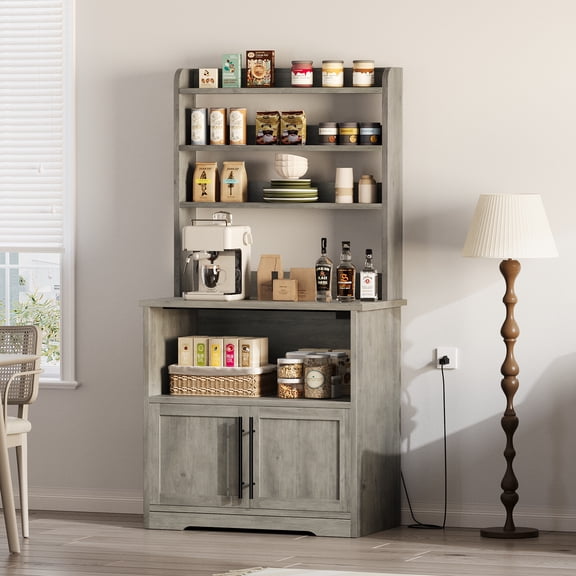 Flarhetoric Bakers Rack Microwave Oven Stand, Tall Pantry Hutch with Door, Cabinet and Shelves, Thick Tabletop, 2 AC and 2 USB Outlets, Rustic Gray