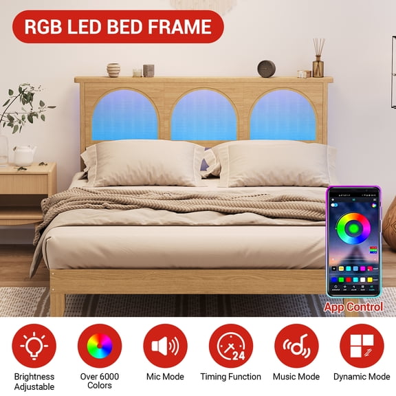 Flarhetoric Boho Rattan Platform Bed Frame with Smart RGB LED Lights, Storage Headboard, Solid Wood Slat Support, Underbed Storage, Noise-Free, No Box Spring Needed, Easy Assembly - New
