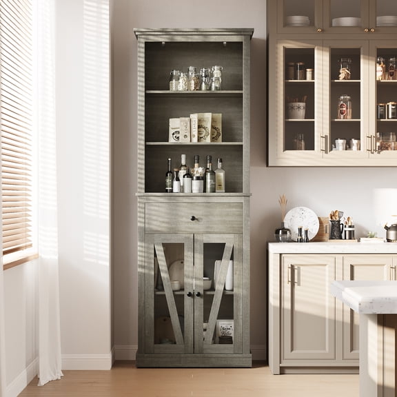 Flarhetoric Farmhouse Tall Entryway Storage Cabinet, 67" Freestanding Narrow Linen Tower - Adjustable Shelves, Drawer & Doors - for Bathroom, Hallway, Kitchen or Living Room, Pastoral Gray