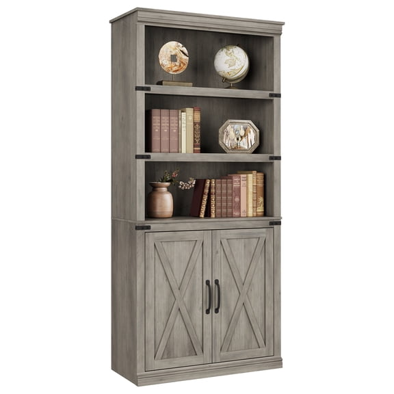 Flarhetoric Grey 5-Tier Bookcase with Cabinet and Storage Doors, Farmhouse Entryway Organizer, Open Bookshelf for Living Room, Bedroom, 80 Inch Width