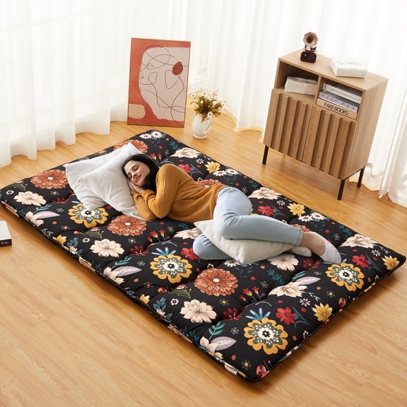 Flarhetoric Japanese Futon Sofa Bed - Full Size Collapsible Tatami Floor Mattress - Portable Modern Sleeper for Living Room, Camping, Guest Room - Black Five-Line Arc Wave - FULL (137×203cm) USA