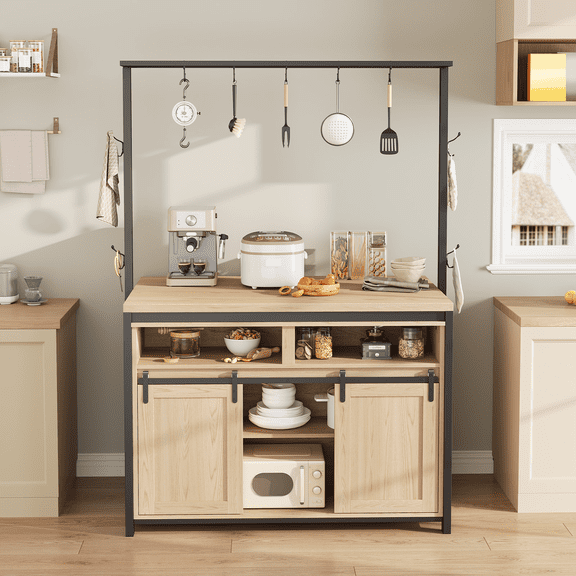 Flarhetoric Kitchen Storage Island with Power Outlet, Kitchen Bakers Rack with Open Shelves & Hooks - Easy Assembly, Coffee Bar Table for Kitchen Dining Room(42'' x 28'' x 72''), Wood Color