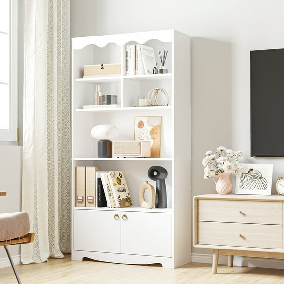Flarhetoric Modern 5-Tier Bookshelf with Doors, Freestanding Storage Cabinet, Open and Closed Shelves for Office, Living Room, Bedroom, White