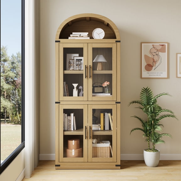 Flarhetoric Modern Tall Arched Bookcase Cabinet, 4-Tier Freestanding Wooden Storage Locker with Glass Doors, Display Organizer for Entryway, Living Room, Kitchen, Office, Deep Pantry, Wood Color