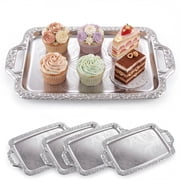 Flarhetoric Ornate Silver Serving Tray with Handles - Decorative Rectangular Platter Set for Parties, Weddings & Holidays - 4-Piece Set, 16.7 x 10.1 x 0.8 Inches