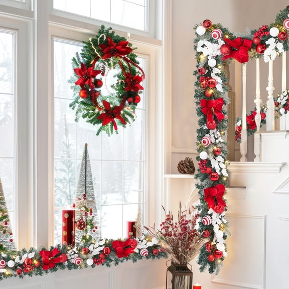 Flarhetoric Pre-Lit Christmas Pine Garland 6ft - 20 LED Battery Operated w/ Timer - 8 Lighting Modes - Red Bow Decor for Mantel, Staircase, Indoor/Outdoor, Color: Red and White, Size: Onesize