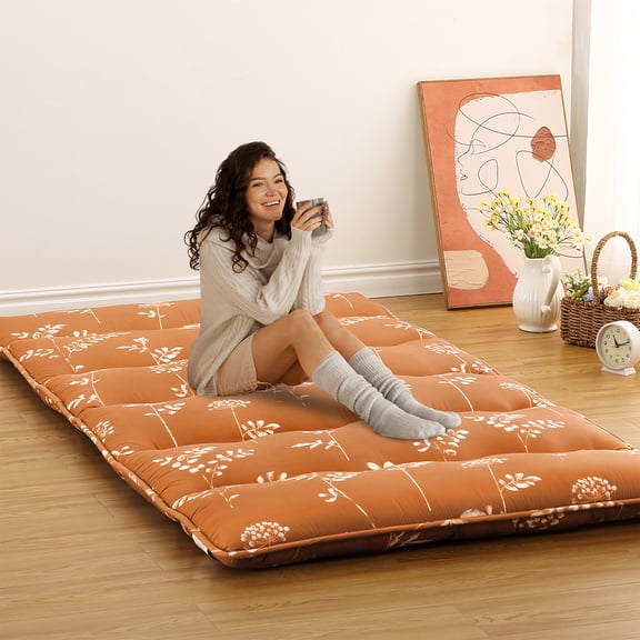 Flarhetoric Thick 8cm Japanese Futon Mattress Twin Size - collapsible Roll-Up Tatami Floor Bed with Floral Print for Living Room, Dorm & Camping - Brick Red Five-Line Arc Wave