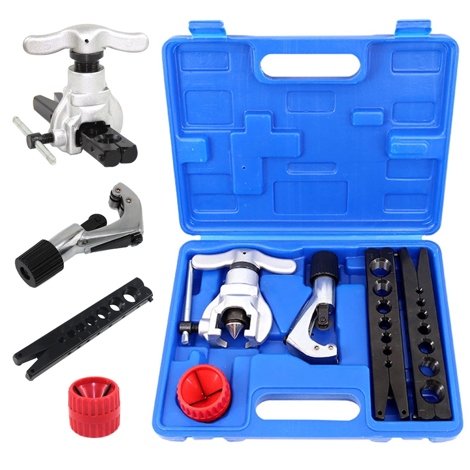 Flaring Tool Kit 3/16”-3/4” 5-19mm 45° Eccentric Tubing Flare Tool with Deburring Tool Cutter for Copper Pipe HVAC Refrigerant Brake Line (5 in 1 Set)