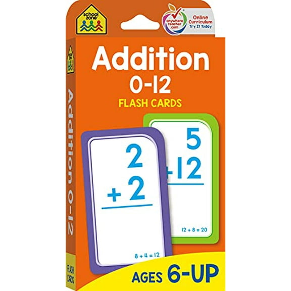 Pre-Owned School Zone Addition 0-12 Flash Cards: 56 Cards, 1st Grade, 2nd Grade, Numbers 0-12, Elementary Math, Problem Solving, Addition Problems, Counting, Ages 6+, Packaging May Vary, 978093825691