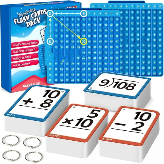 Flash Cards for Ages 4-10 - Fun Math Practice with Addition,Subtraction,Multiplication & Division - Ideal for Skill Building (1 x Math Board + 332 x Flash Cards, 9x9 inch)