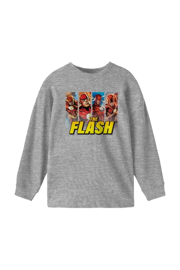 Flash Comics Panels Boy's Athletic Heather Long Sleeve Shirt-Large