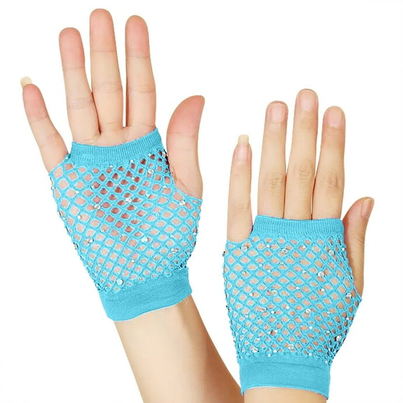 Womens Mesh Short Gloves,Punk Style Half Finger Stretchable Party Gloves with Rhinestone Details,Elastic Net Gloves for Cosplay,Rave Parties and Evening Events,Colorful Fashion Accessories - Sky Blue