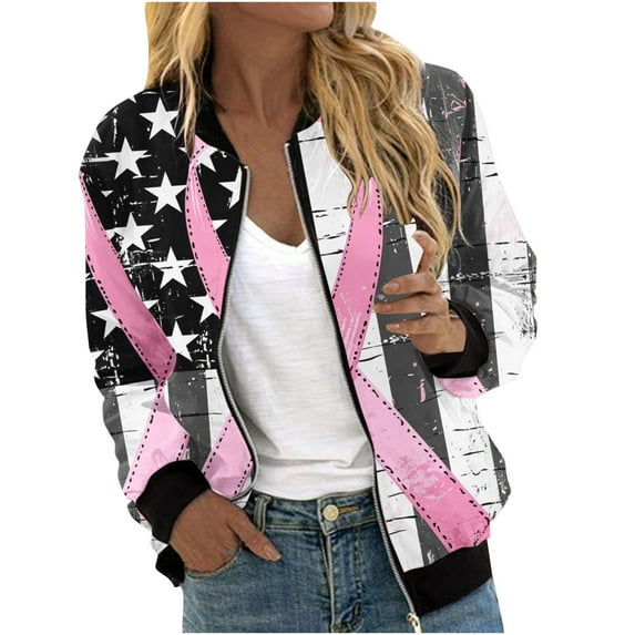 Flash Deal Olyvenn Women's American Flag Pink Ribbon Bomber Jacket Long Sleeve Zipper Up Baseball Jacket Outerwear Gray 6