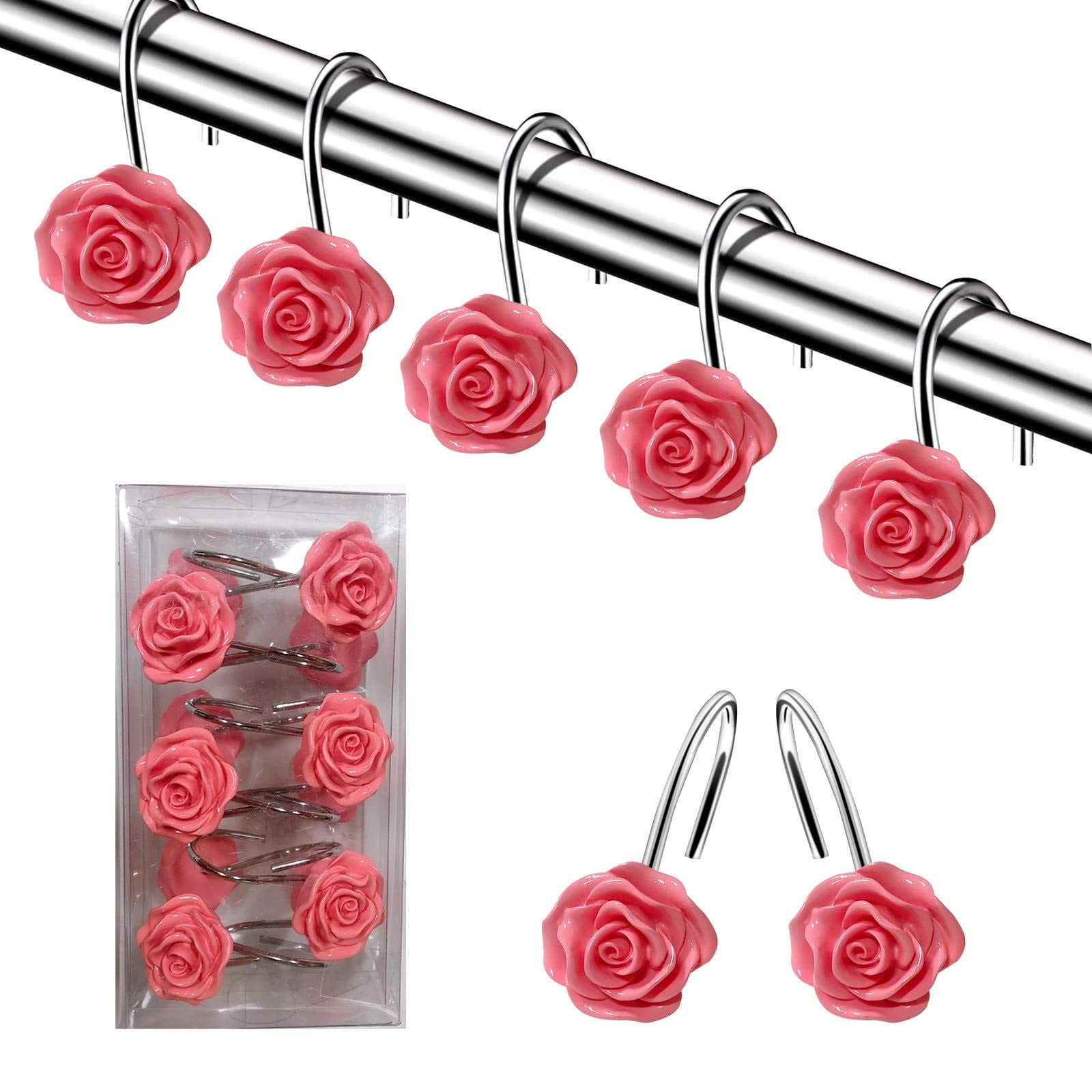 Flash Deals! Adhesive Curtain Rod Hooks Resin Rose Designed Shower Curtain Hooks and Rings ...