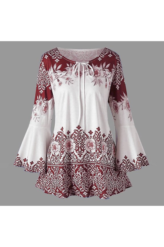 Azrian Printed Bell-Sleeve Button-Front Shirt - Fashion Womens Plus Size Printed Flare Sleeve Tops Blouses Keyhole T- Basic Round Neck T-Shirt