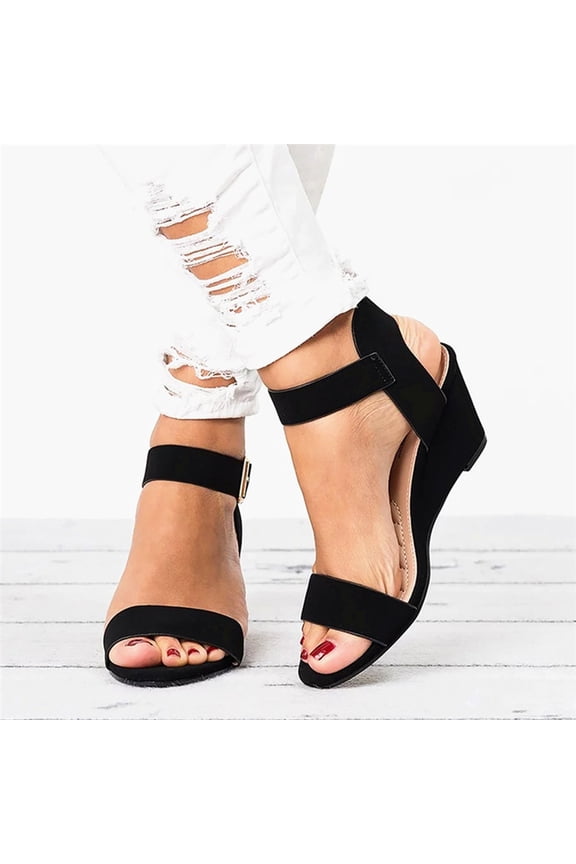 LoyisViDion Sandals Women Wedge Women's Solid Color Round Toe Heel Buckle Suede Low Top Sandals Shoes Festive Discounts Black 6(37)