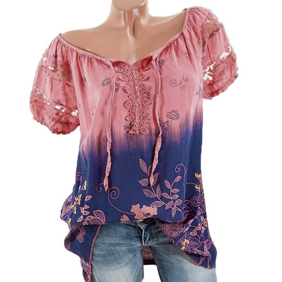 Azrian Embroidered Lace Trim T-Shirt with V-Neck - Women Short Sleeve V-Neck Lace Printed Lace Tops Loose T-Shirt Blouse Tops Women's Short Sleeve Blouse