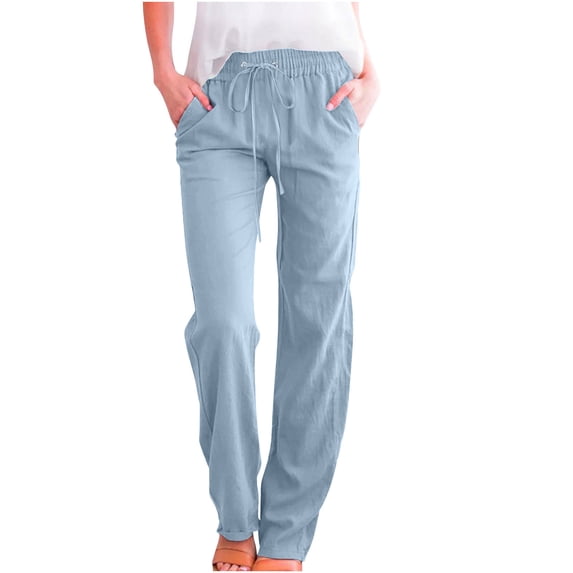 Cotton Linen Sweatpants For Women Elastic Waist Plus Size Long Pants Drawstring Adjustable Pull On Stretch Sweat-Pants Trends Lightweight Wide Leg Clothes With Pockets