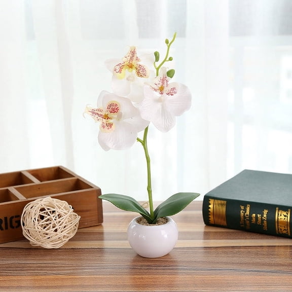 Eguiwyn Clearance Small Round Pot Three-Flowered Phalaenopsis Bonsai (Including Pot) Artificial Flower (White) Simulated Plant Bonsai Indoor Butterfly Orchid Bonsai Plants Elegance Tranquilit