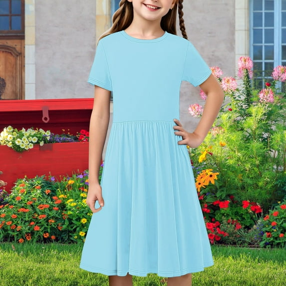 Gamivast Girls Dress Basic Short Sleeve A Line Flowy Dress Casual Fashion Solid Casual School Party Dress for Teens Blue 9 Years Vestidos De Verano Para Niña