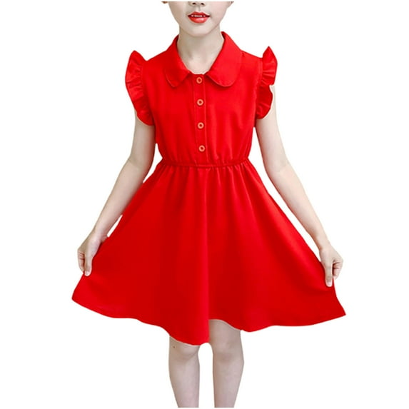 Gamivast Girls Dress Casual Ruffle Sleeveless A Line Summer Dresses Button Down Solid Midi Dress Vacation Casual Beach Dress Red Vestidos De Verano Para Niña