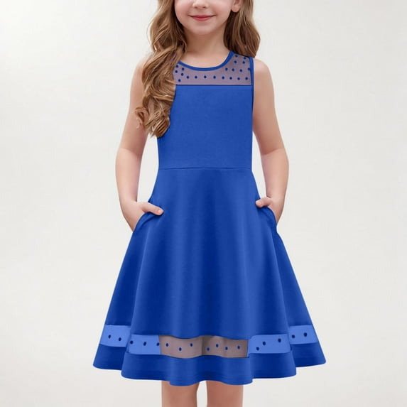 Gamivast Girls Dresses Summer Sleeveless Dress Round Neck Mesh A Line Casual Dresses with Pockets Beach Vacation Dress Blue 11 Years Vestidos De Verano Para Niña