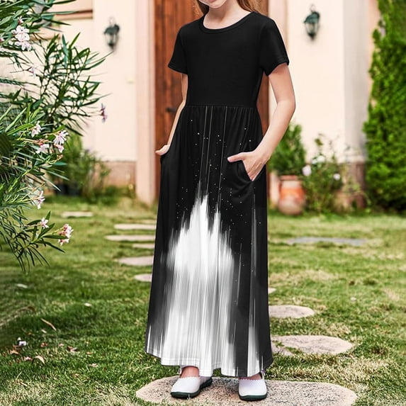 Gamivast Girls Flowy Elastic High Waist Skirts Trendy Summer 2025 Boho Casual Beach Skirt Holiday Floral Print A Line Midi Skirt Black 11 Years Vestidos De Verano Para Niña