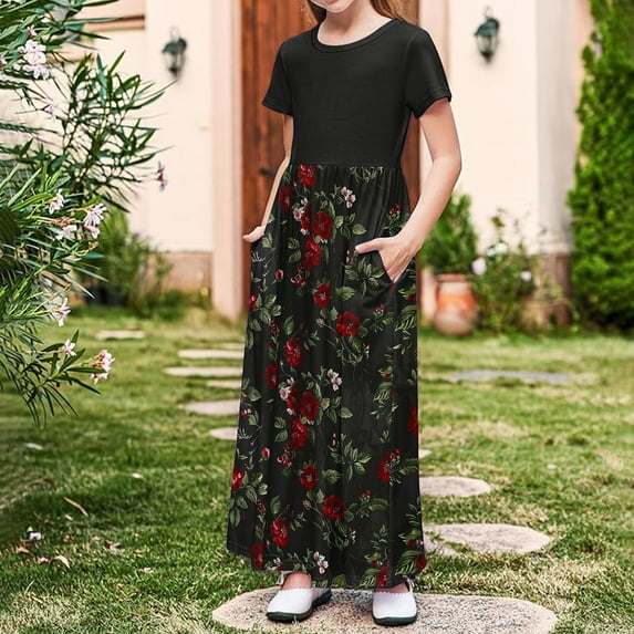 Gamivast Girls Flowy Elastic High Waist Skirts Trendy Summer 2025 Boho Casual Beach Skirt Holiday Floral Print A Line Midi Skirt Black 4T Vestidos De Verano Para Niña