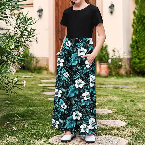 Gamivast Girls Flowy Elastic High Waist Skirts Trendy Summer 2025 Boho Casual Beach Skirt Holiday Floral Print A Line Midi Skirt Black 4T Vestidos De Verano Para Niña